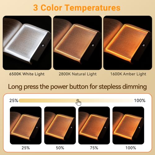 Image of Amber Book Light, Rechargeable Clear LED Flat Reading Light with 3 Colors & Timer, Dimmable Panel Plate Lamp Book Full Page Light for Reading in Bed at Night, Funny Gifts for Readers Book Lovers