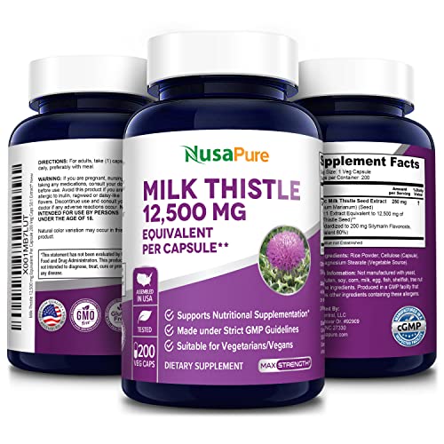 Nusapure Milk Thistle Extract 12500Mg 200 Veggie Capsules (Vegetarian,Organic Milk Thistle, 50:1, Non-Gmo, Gluten Free) Max Strength - Standardized 80% Silymarin #TOP3