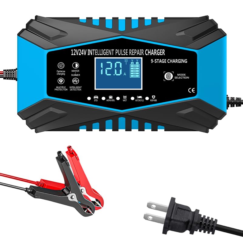 TEISQI 12-Amp Car Battery Charger,12V and 24V Smart Fully Automatic Maintainer Trickle Charger w/Temperature Compensation for Truck Motorcycle Lawn Mower Boat Marine Lead Acid Batteries (Blue)