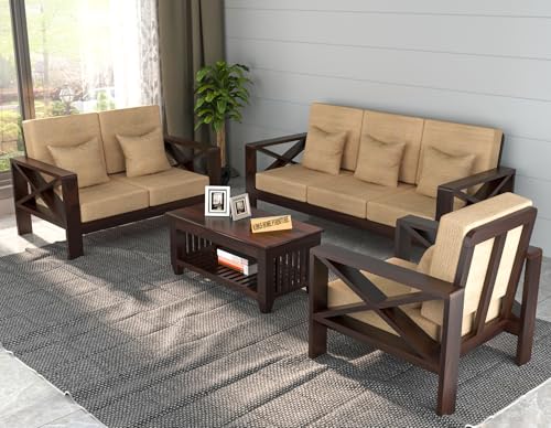 Image of Sheesham Wooden 6 Seater Sofa for Living Room | Rosewood 6 Seater Cushion Sofa X-Legs | Solid Wood Sofa Set for Lounge (3+2+1,Walnut)