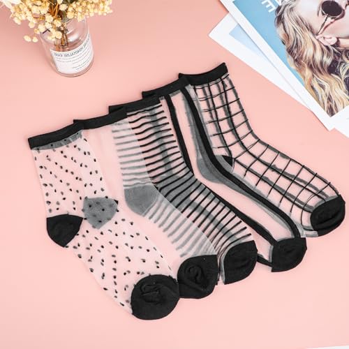 Image of 5 Pairs Sock Candy Sheer Socks Women Black Sheer Transparent Socks Ankle Ultra-Thin Triped Plaid Dot See Through Mesh Sock