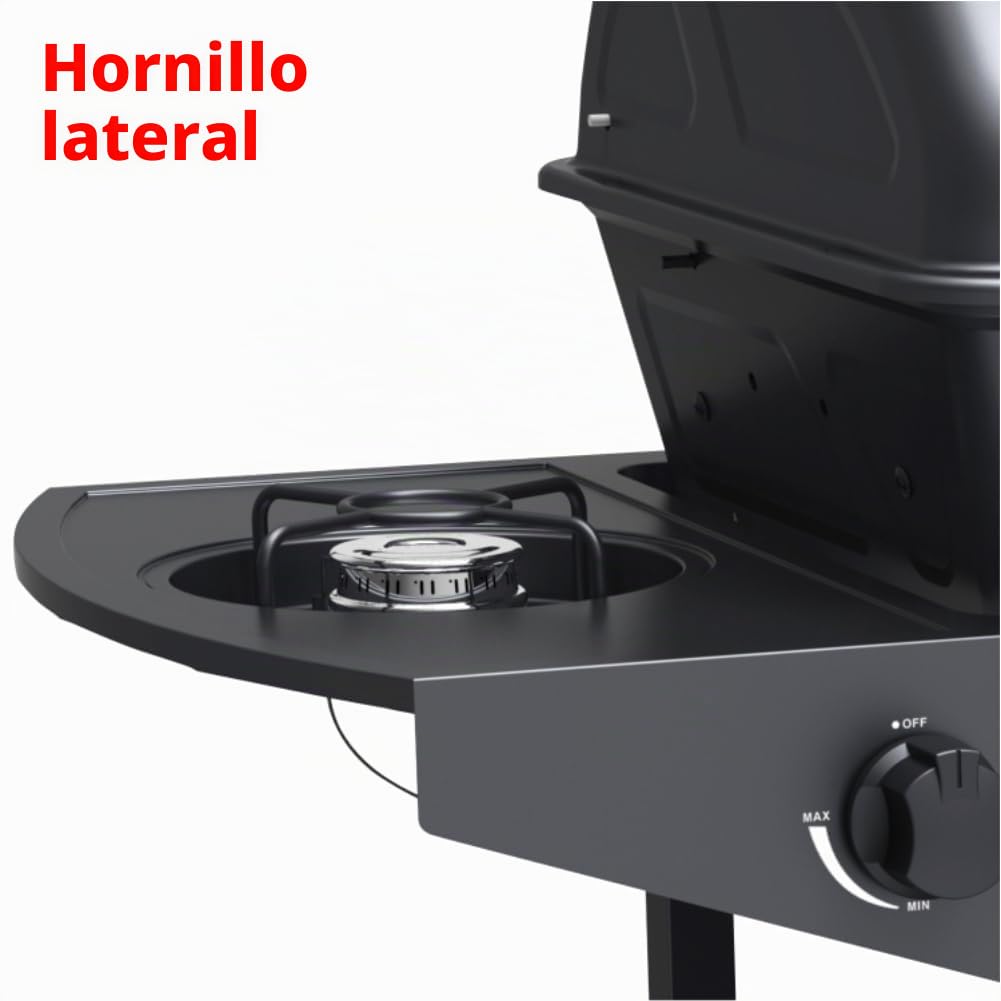 Barbacoa de gas con piedra volcánica y barbacoa de gas, 2 quemadores + estufa lateral estructura de acero con plano lateral de apoyo y 3 perchas Pratiko Life