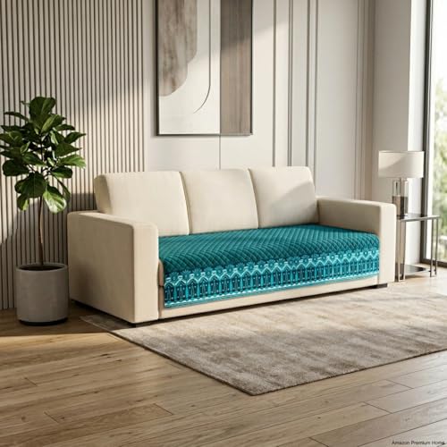 Image of KINGLY Sofa Cover for 3 Seater | Quilted Velvet Seat Cover | Anti-Slip Sofa Mat with Back Elastic | Thick Fabric Sofa Protector | Washable Couch Cover | Teal Blue