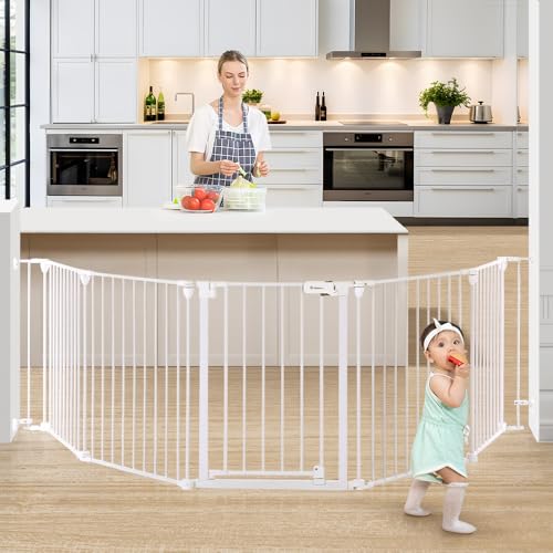 COMOMY 127.8' Extra Wide Baby Gate, Dog Gate for House Stairs Doorways Fireplace, Auto Close Pet Gate with Door Walk Through, 5 Metal Panels, Hardware...