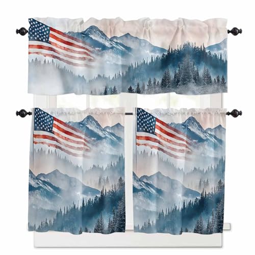 American Flag Kitchen Curtains 24 Inch Length, 3 Piece Rod Pocket Small Half Tiers and Valance Set, Forest 4th of July Independence Day Small Large Window Treatment Decor for Bedroom/Bathroom Sink