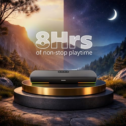 Image of Philips TAB4120BK /94 Wireless Bluetooth Soundbar, 20W, 8H Playtime, Bluetooth 5.1, TWS Mode, RGB Light, LED Indicator, Built-in Mic, Voice Assistant, AUX /USB /TF card input, USB-C Charging (Deep Black)