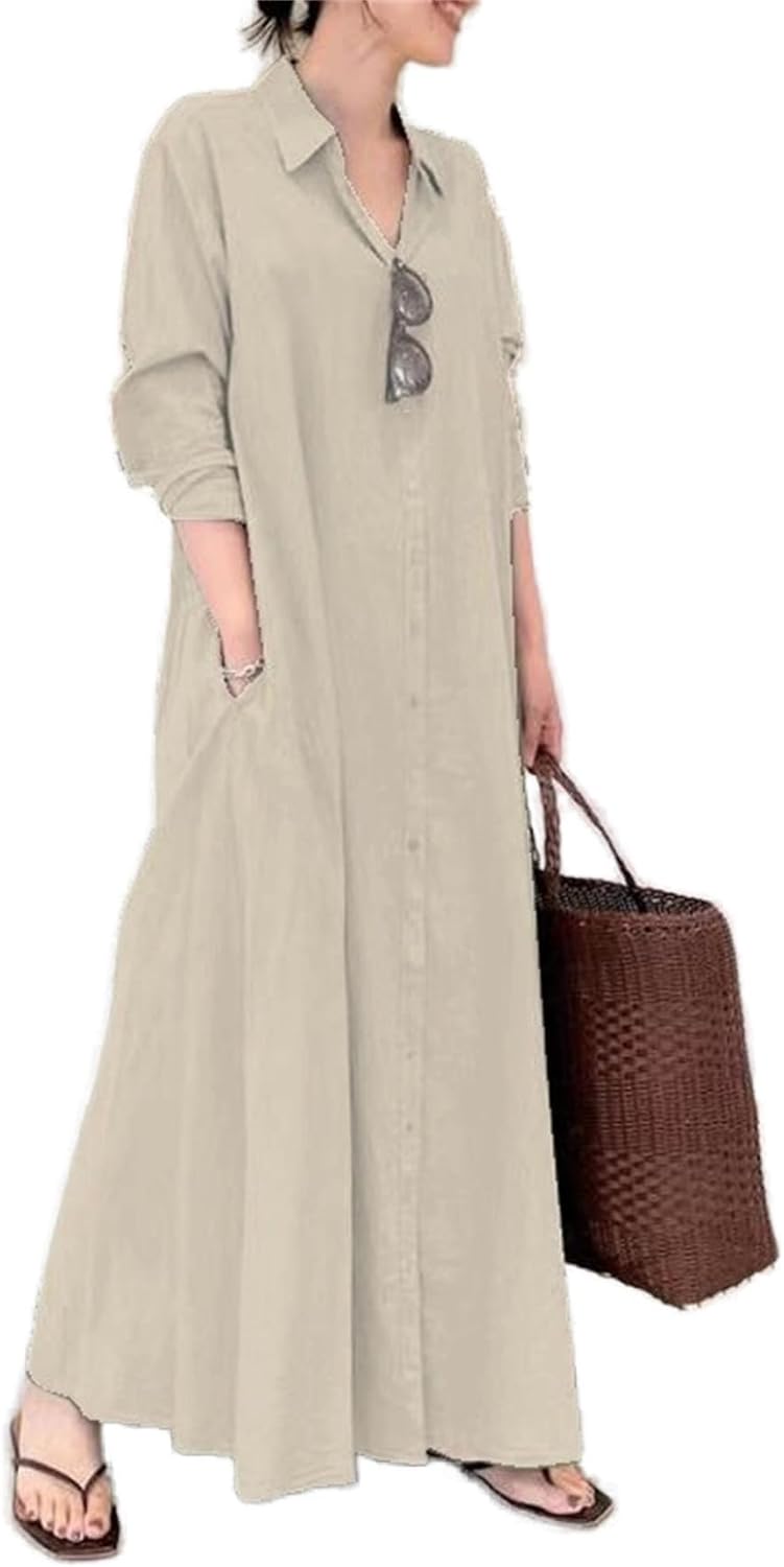 Zhyaj Womens Cotton Linen Button Down Shirt Dress Casual V Neck Long Sleeve Basic Loose Fit Maxi Dresses with Pockets