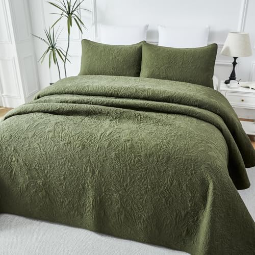 Brandream Queen Size Quilt Set Cotton Olive Green Elegant Botanical Flower Floral Matelasse Quilt Set 3-Piece