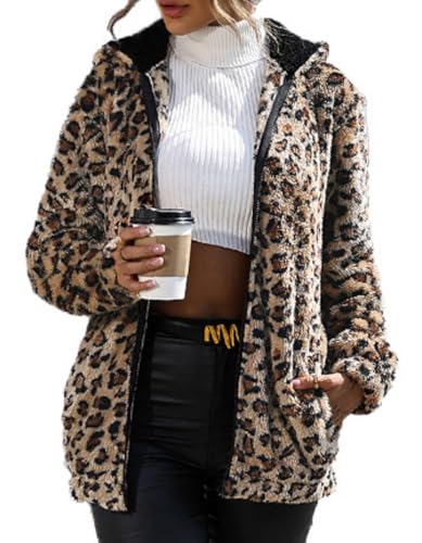 Womens Leopard Sherpa Jacket Fleece Hoodie Zip up Winter Warm Hooded Sweatshirt Fall 2024 Long Sleeve Outfits