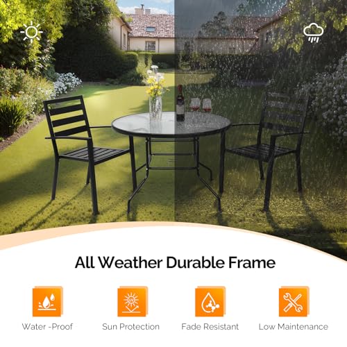 Image of VINGLI 40'' Outdoor Dining Table with Umbrella Hole, All Weather Round Patio Table, Waterwave Tempered Glass Top and Metal Frame, for Garden Porch Balcony Yard