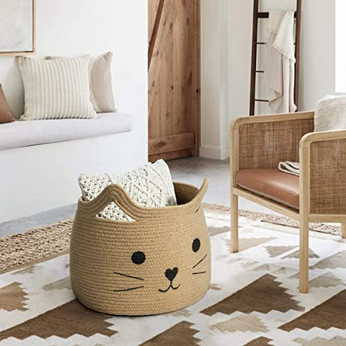 Image of ☆LBY ute Cotton Basket, Handcrafted Woven Storage Planter Basket for Home Decor, Multi-Purpose Bag with Handle for Living Room Bathroom Laundry & Toys cat shape10 x 8 inch