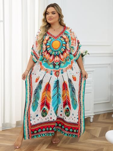 Image of KECVOT Kaftan Dresses for Women V-Neck Print Swimsuit Cover Up Plus Size Beach Caftan Lounge Dress