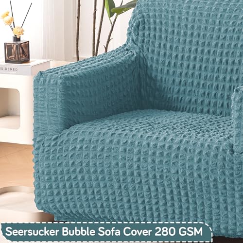 Image of HOKIPO 'Aria Nova' Elastic Stretchable 280 GSM Bubble Sofa Cover for 1 Seater, Tropical Teal (AR-6208-TL)