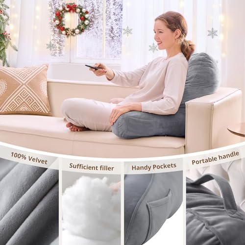 Image of Sasttie Reading Pillow for Bed, Back Pillow for Sitting Up, Dark Grey | 21 inch Backrest Support Cushion for Couch, Sofa, and Floor, Dorm Essentials, OEKO-TEX, Adjustable Down Alternative Fill