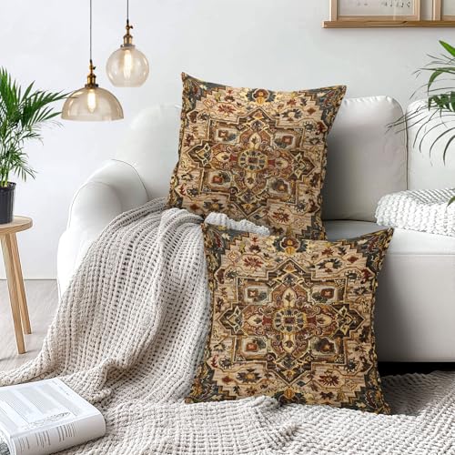 Brown Gold Red Vintage Bohemian Pillow Covers 18X18 Inch Boho Flower Rug Print Carpet Pattern Pillow Cases Set of 2 Antique Tapestry Rustic Retro Farmhouse Throw Pillows For Cushion Sofa Couch Outdoor - Thumbnail 3