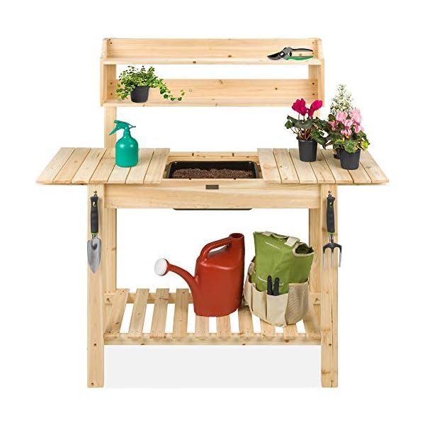 Best Choice Products Outdoor Mobile Garden Potting Bench, Wood Workstation Table w/Sliding Tabletop, Food Grade Dry Sink, Storage Shelves - Natural