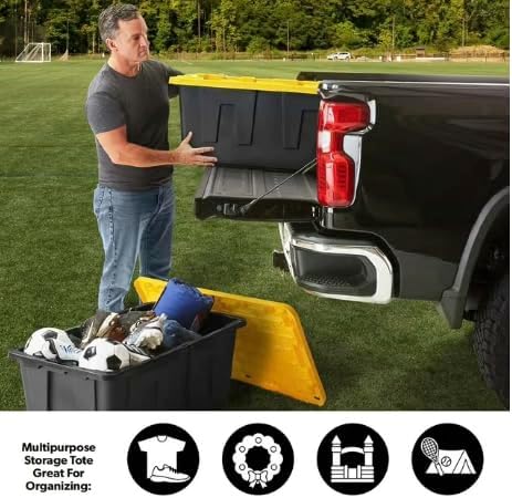 40 Gallon Heavy Duty Storage Tote with Lid, Black and Yellow, reusable, made with heavy-duty recycled plastic