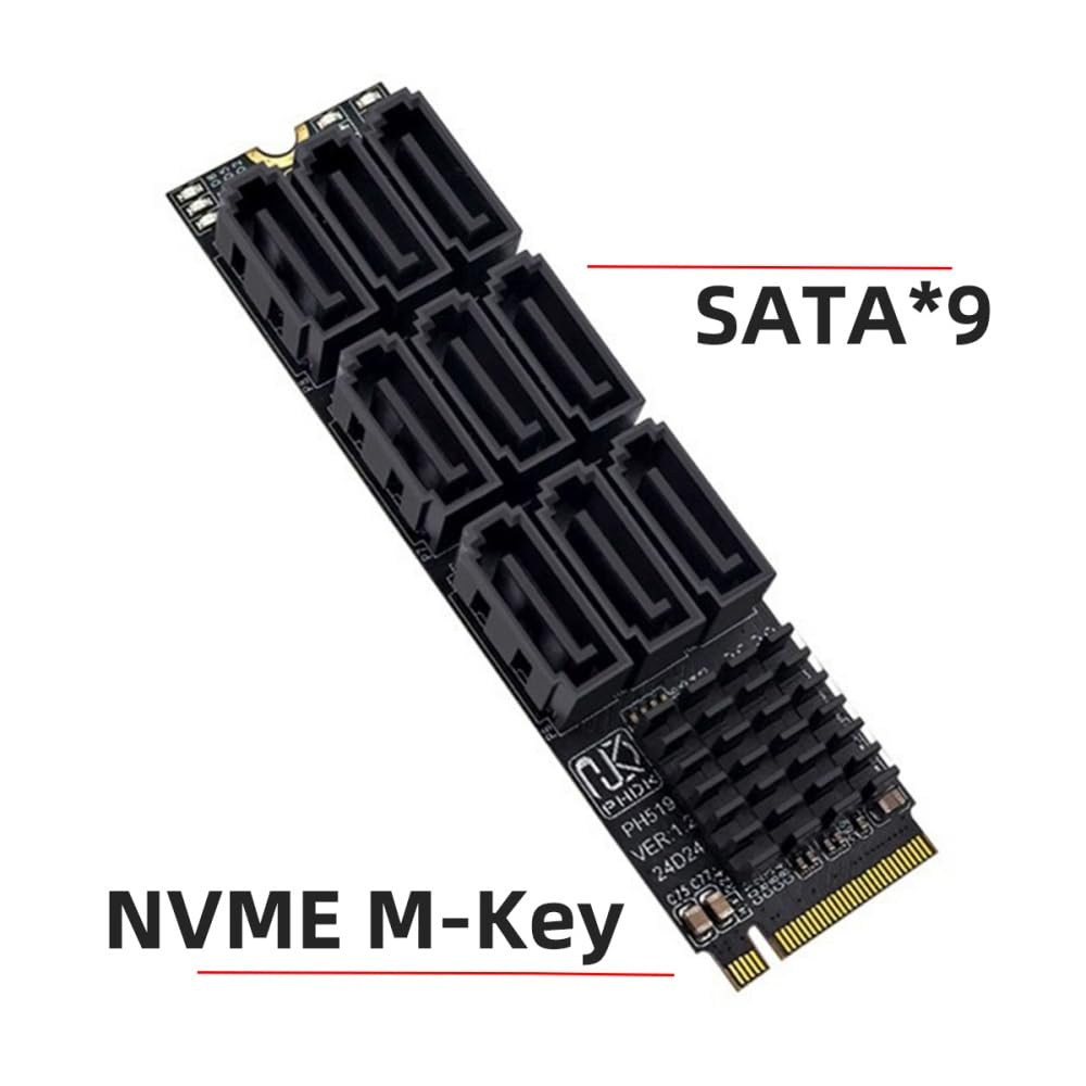 Cablecc Adaptateur convertisseur NVME M-Key PCI Express NGFF M.2 vers 9 ports SATA 3.0 Carte d'extension 2280 pour ordinateur NAS 6 Gbps