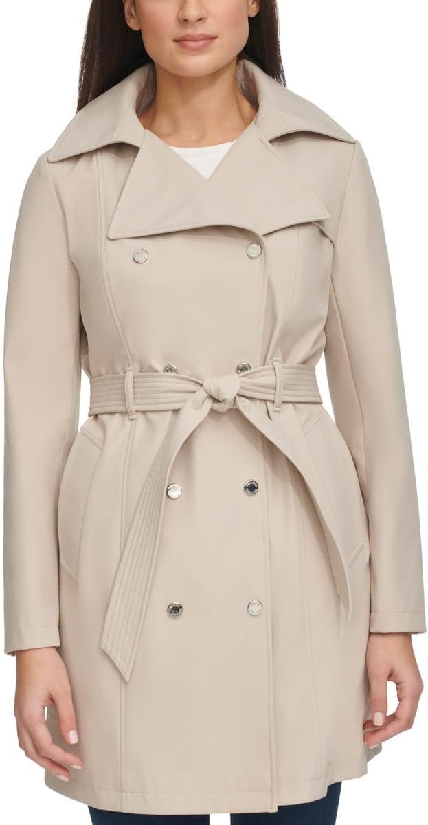 Calvin Klein Women's Trench Coat - Mid-Length Jacket with Detachable Hood - Belted Overcoat (Tan, L)
