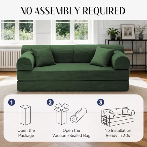 Image of 79'' Convertible Sofa Bed, 6 in 1 Folding Floor Futon Couch Sleeper with Fixed Frame, Corduroy Modular Sofa Bed with Removable Armrests & Pillows, No Assembly for Living Room Bedroom (Green)