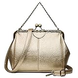 Segater Women Small Retro Kiss Lock Handbag and Purses PU Leather Hollow Tote Shoulder Bag Satchels with Chain Gold