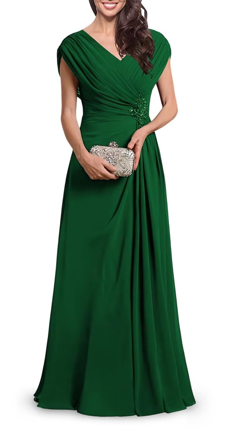 KIYNE Emerald Green Mother of the Bride Dresses Long for Women Pleated V Neck Chiffon Formal Dress Long Wedding Guest Gown UK18