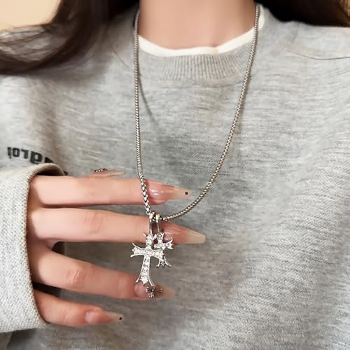 Gothic Double Cross Necklace Silver Plated Goth Vintage Necklace Y2K Long Dainty Cross Choker Necklace for Women Men Silver Non Tarnish Chrome Punk Heart Chain Link 2000s Jewelry2