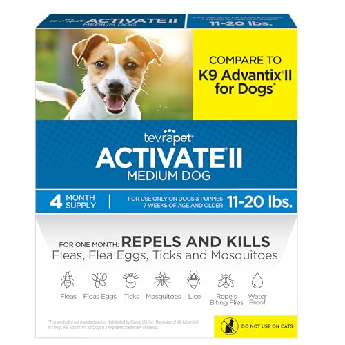 TevraPet Activate II Flea and Tick Prevention for Dogs | 4 Count | Medium Dogs 11-20 lbs | Topical Drops | 4 Months Flea Treatment