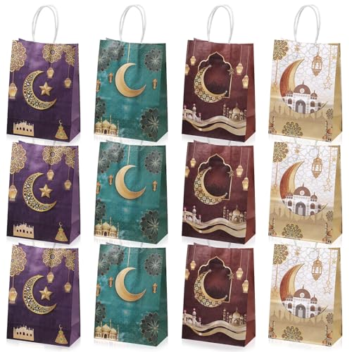 Faccito 12 Pcs Eid Mubarak Paper Bags Ramadan Gift Bag with Handle Multi Functional Muslim Eid Mubarak Party Favor Bag Assorted Islamic Candy Treat Bags for Party Decorations(Elegant)