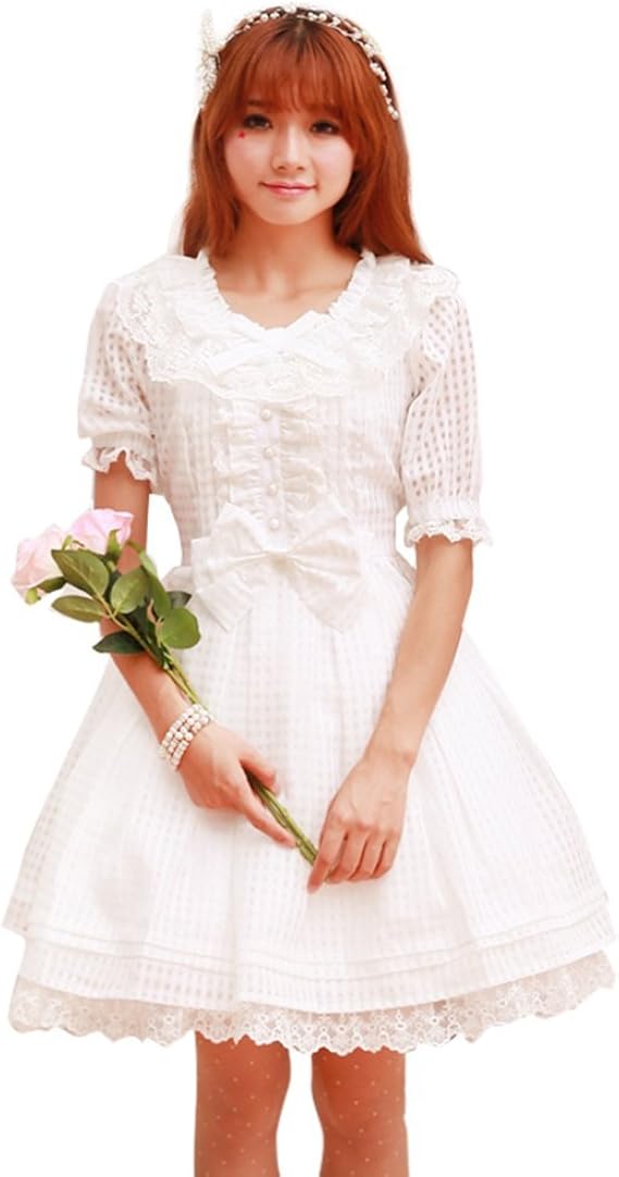 Amazon Co Jp Cosplayitem ギャル系 姫系 オーガンジーパフスリーブ膝丈ワンピース 森ガール レディース ロリータ服 ゴスロリ S 白 服 ファッション小物