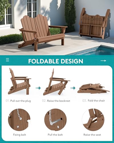 Image of SERWALL HDPE All-Weather Folding Adirondack Bench Set of 2, Brown