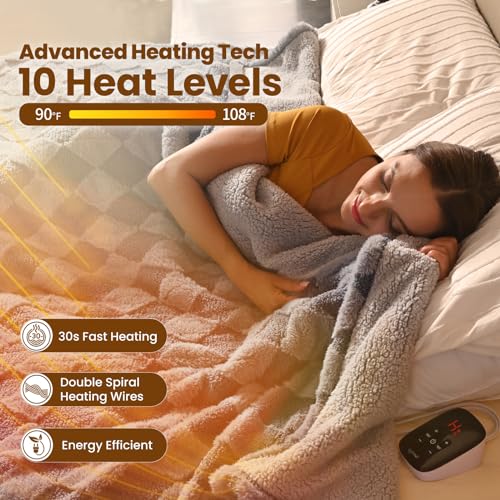 Image of Bearhug Heated Blanket Full Size 77 inch x 84 inch Electric Blanket, Reversible Brown Plaid Sherpa Heating Blanket, 10-Heat Levels & 1-12H Auto Off, ETL, Machine Washable