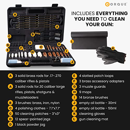 Corque Universal Premium Gun Cleaning Kit Bundled With Mat And Gloves, Cotton Patches, All Caliber Pistols, Shotguns, Rifles, Handguns, Airguns, Hunting Accessories – Solid Brass Gun Accessories #TOP1