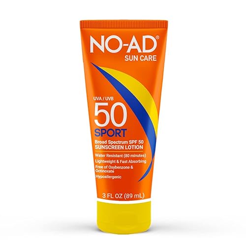 NO-AD SPF 50 SPORT Sunscreen Lotion | Hypoallergenic | Broad Spectrum UVA/UVB Protection | Water Resistant | Octinoxate & Oxybenzone Free with moisturizing Vitamin E and Aloe 3oz | Travel size