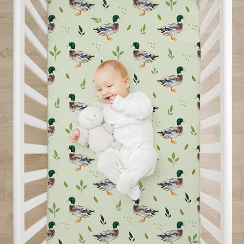 Image of 4 Pack Mallard Duck Baby Crib Sheet for Girl or Boys, Green Gingham Fitted Crib Sheet Soft Breathable, Mallard Duck Nursery Decor for Standard Mattresses Gift Set 28 x 52 in