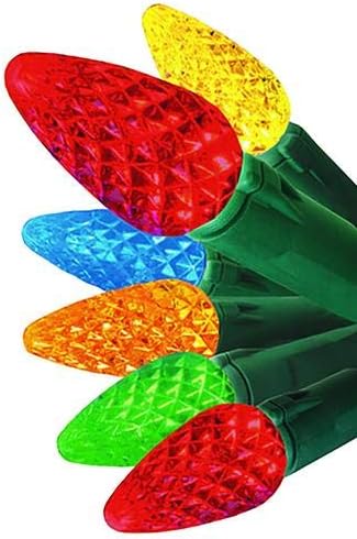 Nærbillede view of multicolor C5 LED bulbs on a green wire.