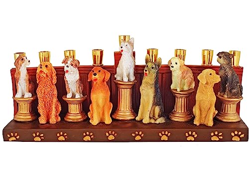 Aviv Judaica Hanukka Dogs & Puppies Themed Menorah Quality Earthenware Candle Holder Menorahs for Kids Adults Functional Collectible 3D Sculptured Dogs fits Standard Chanukah Candles Hanukiah