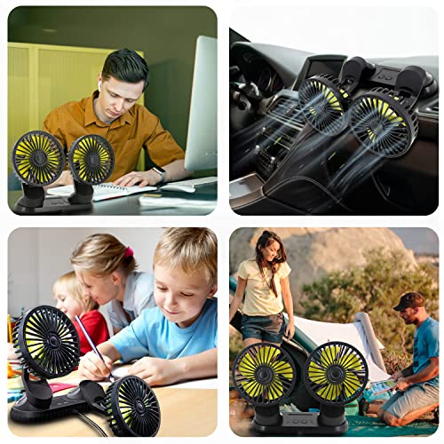 Ouffun Fan For Car, Double Head Car Fan 360°Adjustable Auto Electric Car Cooling Fan 3 Speed Regulation Vehicle Fans Strong Wind Mute Run Usb Powered Air Circulation Fan For Sedan/Suv/Rv/Truck/Boat #TOP6