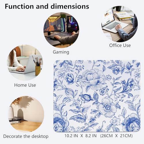 Image of Blue Floral Desk Mat,Blue Chinoiserie Mouse Pad,Blue and White Floral Desk mat,Flower Office Desk Decor, Girly Desk Mat for Dorm Home Office Desktop Decor,10.2x8.2 Inch