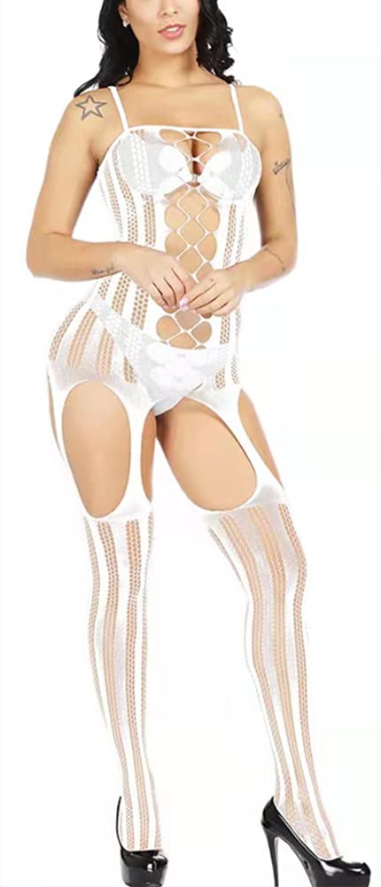 Bommi Fairy Women's Fishnet Chemise BobyStocking Babydoll Bodysuit Chemise Nightwear Perspective Lingerie Mini Dress Free Size (White)