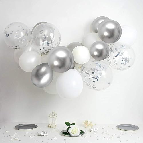 Miniatura 7 de Globos de látex de confeti blanco plateado paquete de 50 globos de fiesta cromados metálicos plateados de 12 pulgadas con cinta plateada para