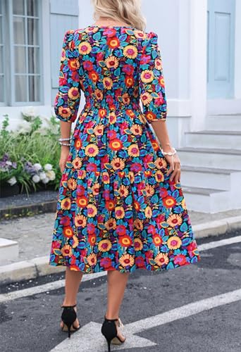 Image of Kormei Women Summer Casual Boho Floral Round Neck 3 /4 Sleeve Smocked Waist Tiered Flowy Swing Midi Dress L Black /Red