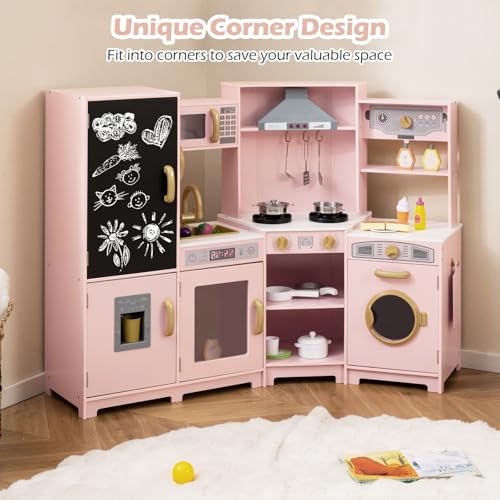Costzon Corner Play Kitchen w/Lights, Sounds, Large Pretend Play Kitchen Set w/Blackboard, Microwave, Cooking Accessories, Wooden Montessori Sensory Toy for Kids 3+ Years Old (Pink) - Image 9