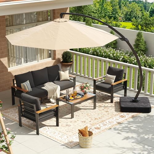Image of Aoxun Aluminum Patio Furniture Set with Umbrella 5 Seats, Oversized Outdoor Sectional with Washable Thick Cushions, Coffee Table, Patio Conversation Sets for Porch, Balcony, Deck