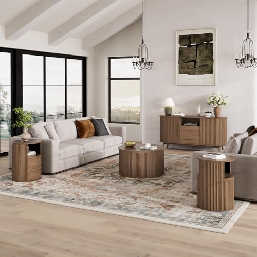 Image of JOINICE Walnut Round End Table with Storage, Open Shelf and 2 Drawers | 24 inch Tall Sofa Side Table, Mid Century Modern Nightstand for Living Room, Bedroom, Beside Sofa, Accent Piece, Easy Assembly