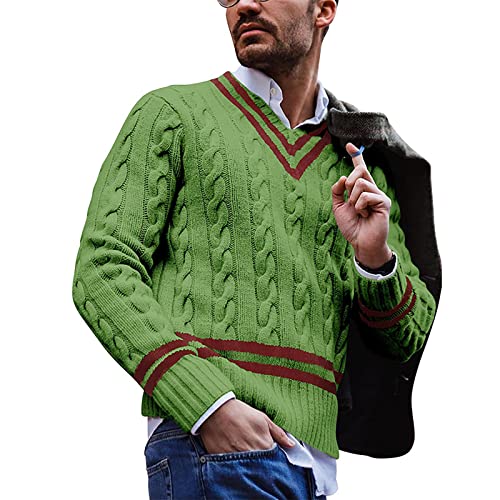 Men's Sweaters Long-Sleeve Fisherman Cable V Neck Sweater Casual Colorblock Striped Knit Pullovers Sweaters for Man2