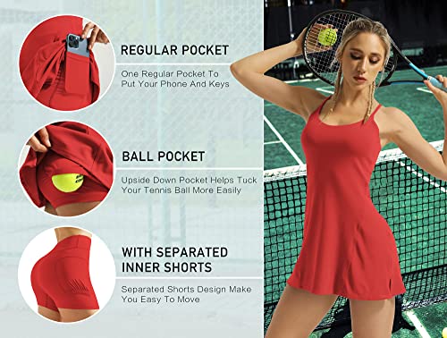 Womens Tennis Dress, Athletic Dress With Shorts Underneath & Built-In Bra Workout Golf Dresses With Adjustable Straps Tomato Red M #TOP3