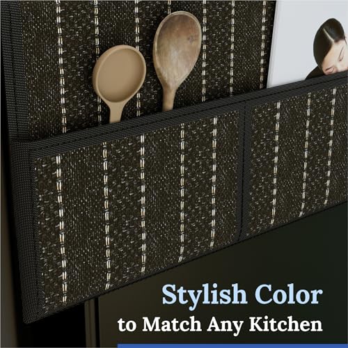 Image of Kuber Industries Jute Fridge Top Cover | Washable & Anti-Dust Refrigerator Top Cover with 6 Utility Pockets for Kitchen | Lining Design - Brown