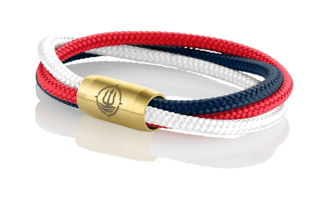 Maritimes Seemannsgarn Segeltau Armband Trinidad rot, weiß, navy blau, dreireihig, 8mm, Admiral (goldfarben), L - Gelenkumfang von 16,5 cm bis 18 cm