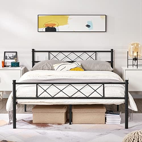 Yaheetch 4ft6 Double Bed, Metal Platform Bed Frame Solid Bedstead Base with Cross-design Headboard and Footboard , Underbed Storage Space, Slatted Bed Fits for Teenagers/Adults, Black